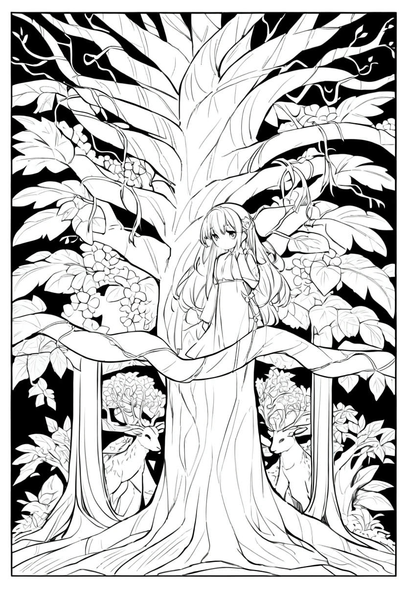 Rainforest,Big tree with vines entwined,Black and white line drawing,Line Art