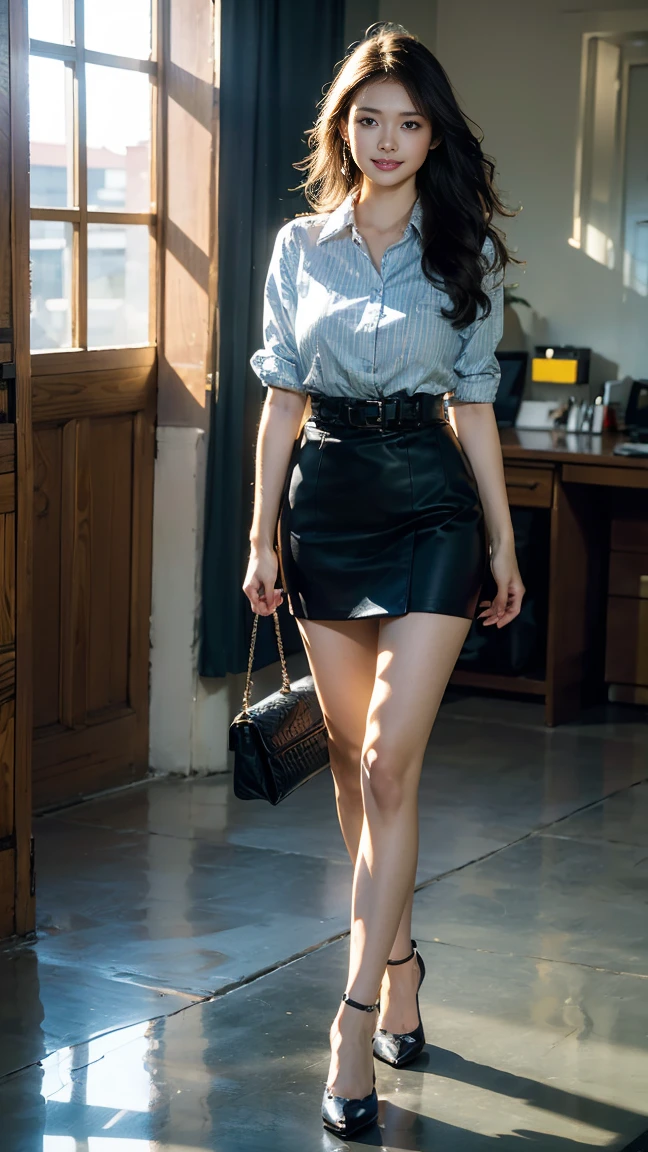 (of the highest quality, masterpiece, photorealistic, Super detailed, Ultra-high resolution, born:1.3), (1 girl:1.5), beautiful, danish blonde, Madura, 28 years, office workers, (very united, short skirt), ({money| the payment| Red wine| Armada| Rosa| yellow green| Violet| blue sky} Clothes), (smile), (hits), high waistband, collar, (office, interior, crystal room), (long legs, high heels, whole body:1.2), (big breasts:1.3), (crew)