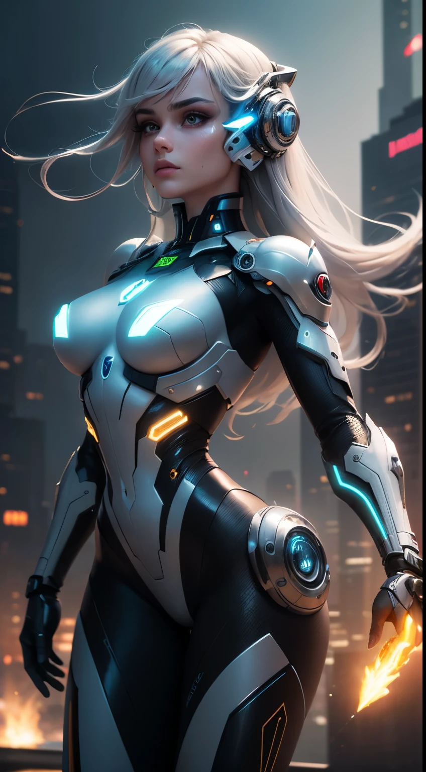 A mechanical girl of the future,gleaming metal,shimmering robotic movements,ethereal,Futuristic technology,advanced artificial intelligence,neon-lit cityscape,Metallic exoskeleton,highly detailed facial features,glowing LED eyes,meticulously crafted synthetic skin,extravagant futuristic fashion,hovering above the ground,exploring the urban landscape,futuristic technology,exquisite craftsmanship,metallic limbs with intricate designs,seamless integration of human and machine,surreal,otherworldly atmosphere,utopian cityscape in the backdrop,advanced weaponry integrated into her body,emitting a soft vibrant glow,expressive and captivating gaze,superhuman strength and agility,striking a pose of confidence and power,high-resolution portrait with vibrant colors and intricate details,breathtaking,awe-inspiring artwork. (best quality,4k,8k,highres,masterpiece:1.2),ultra-detailed,(realistic,photorealistic,photo-realistic:1.37),HDR,UHD,studio lighting,ultra-fine painting,sharp focus,physically-based rendering,extreme detail description,professional,vivid colors,bokeh,portraits,concept artists