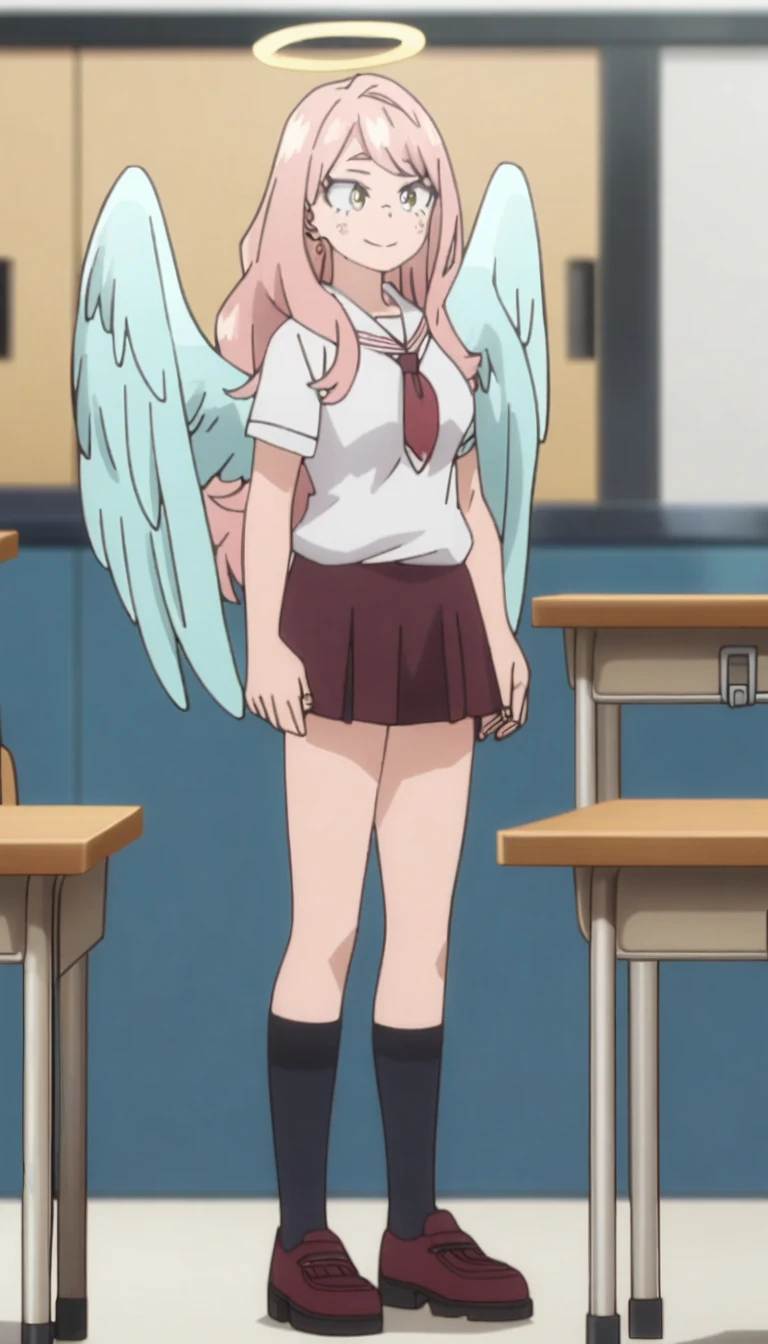 1girl, my hero academia screencap, boku no hero academia, pink hair, gold eyes, smiling, super long hair, cute, wearing white school shirt, red ribbon tie on shirt, in a classroom, cute gold earrings, bangs, , full body, large angel wings on back, halo, short skirt, thigh high black socks, big , blush on face, cute
