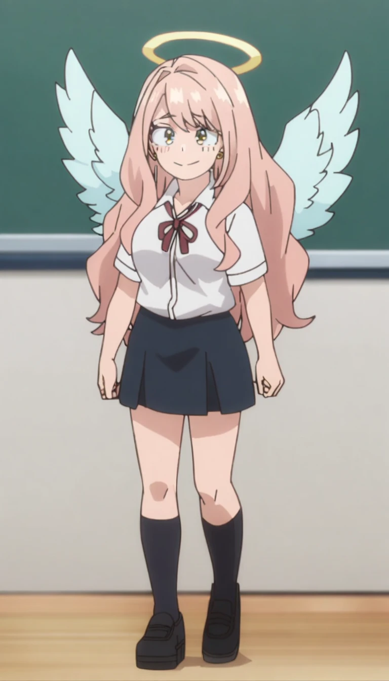 1girl, my hero academia screencap, boku no hero academia, pink hair, gold eyes, smiling, super long hair, cute, wearing white school shirt, red ribbon tie on shirt, in a classroom, cute gold earrings, bangs, , full body, large angel wings on back, halo, short skirt, thigh high black socks, big , blush on face, cute
