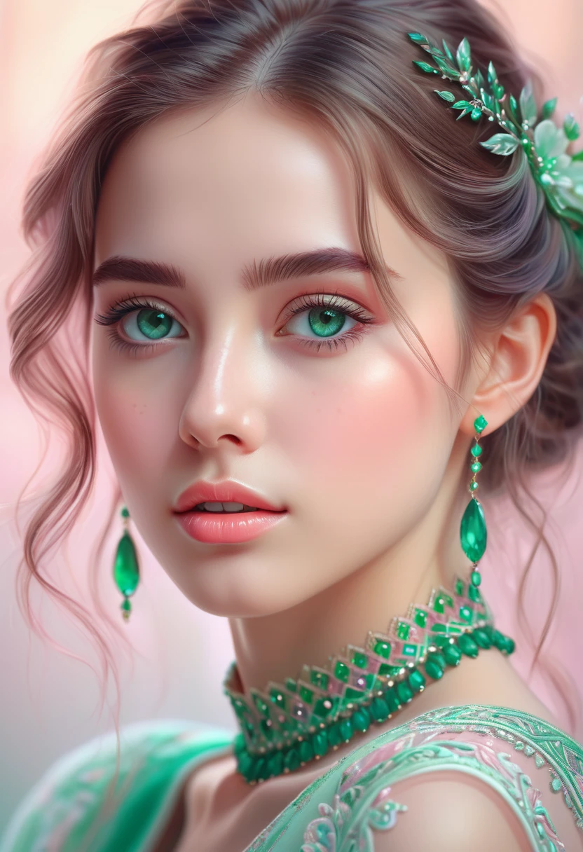 (best quality, 4K, 8K, high-resolution, masterpiece), ultra-detailed, colorful pastel, beautiful young woman, digital art, detailed facial features, light pink tones, emerald tones, charming character illustrations, soft focus, intricate design, gentle expression, ethereal atmosphere, vibrant colors, delicate details, artistic elegance, high detail, high resolution.