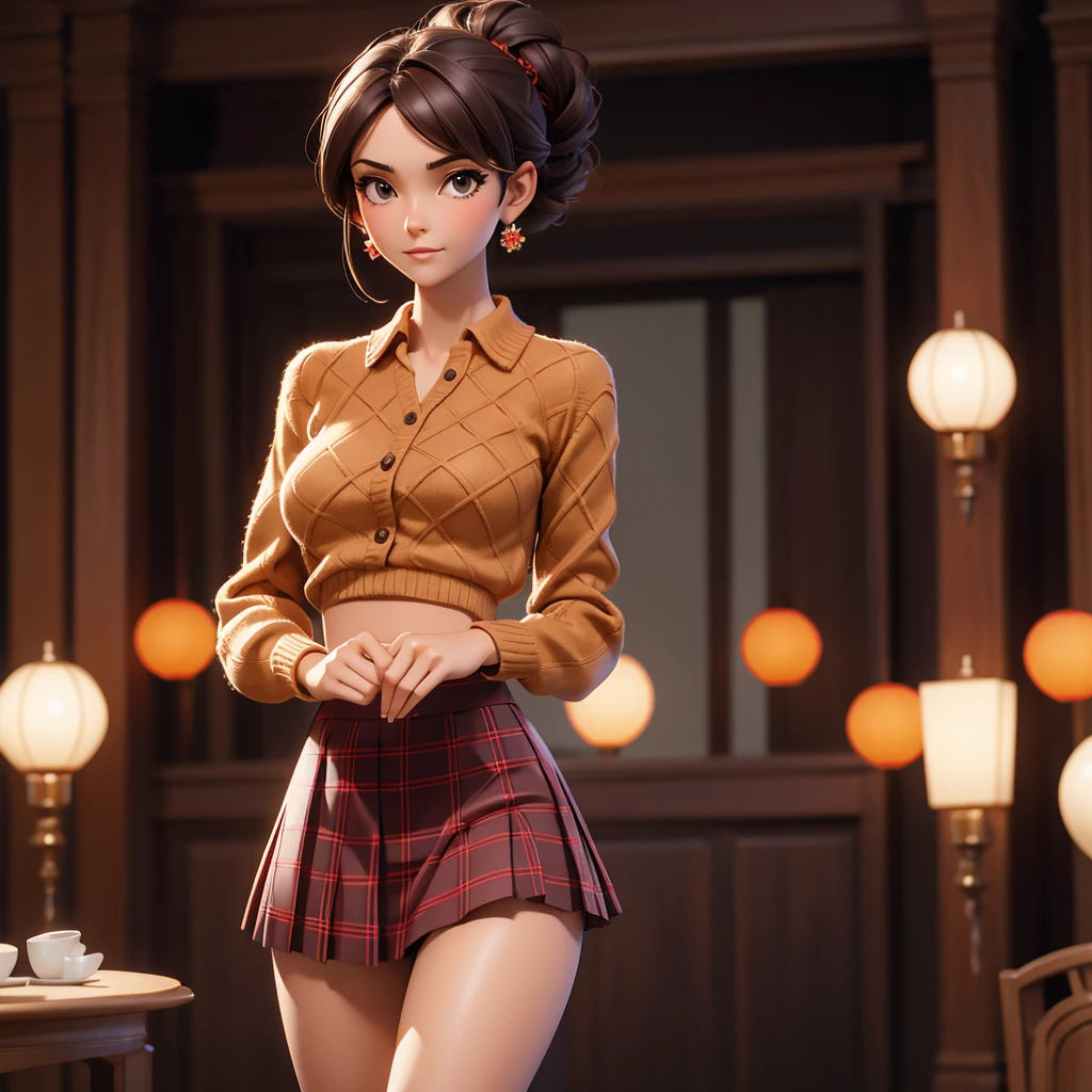 (photograph, hyperrealism, masterpiece, 8k:1.3), 1girl, Macedonian, elegant, nsfw, crochet pattern, red collared shirt, long sleeves, red plaid skirt, updo hairstyle brunette hair, smug, Warm Lighting, Soft golden or amber hues creating a cozy and inviting atmosphere, trending on Sketchfab, concept art, shot by helmut newton, straight-on, full body