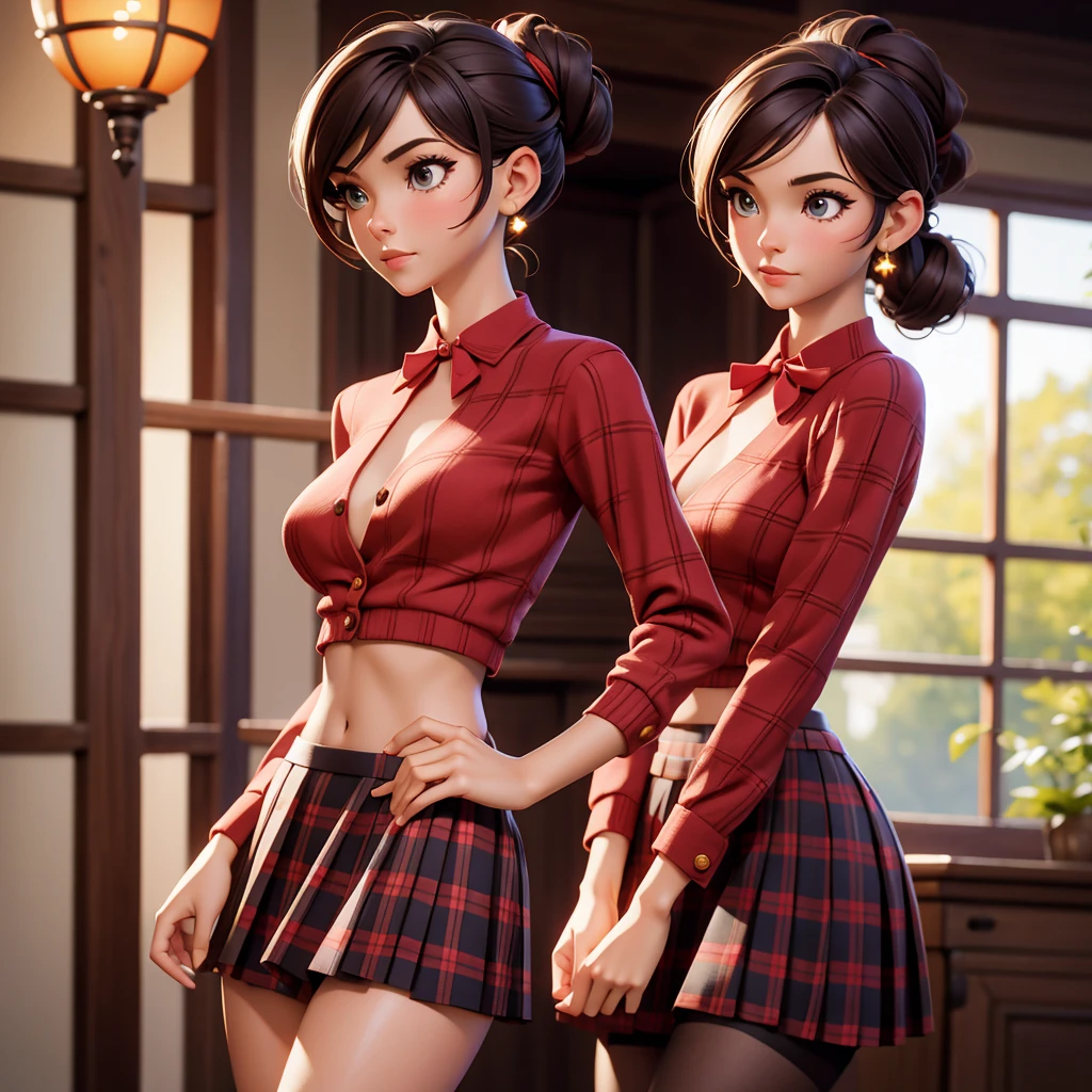 (photograph, hyperrealism, masterpiece, 8k:1.3), 1girl, Macedonian, elegant, nsfw, crochet pattern, red collared shirt, long sleeves, red plaid skirt, updo hairstyle brunette hair, smug, Warm Lighting, Soft golden or amber hues creating a cozy and inviting atmosphere, trending on Sketchfab, concept art, shot by helmut newton, straight-on, full body