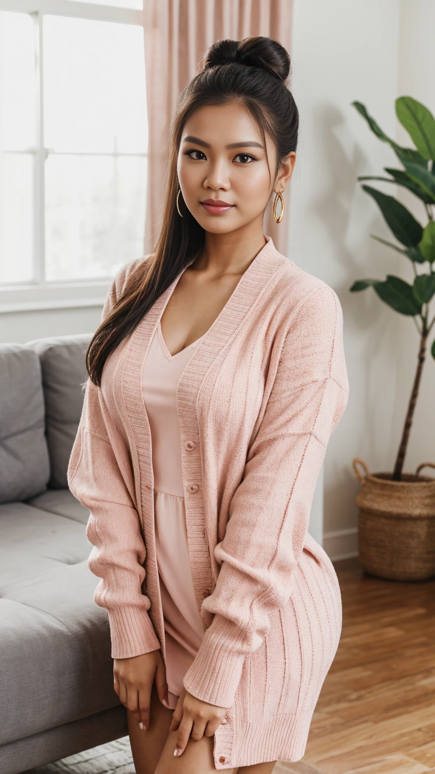 RAW, Best quality, high resolution, (masterpiece: 1.3), wide shot, cute Indonesian woman, Masterpiece, large hair bun, cute face, detailed eyes, detailed lips, standing in living room, feminine pose, serene expression, body facing viewer, facing straight to viewer, peach dress, pink cardigan, sandals, beautiful in cute pastel shades, at noon, living room background, Great lighting, great sunlight, Bright colors, Ultra realistic clean lines, very realistic