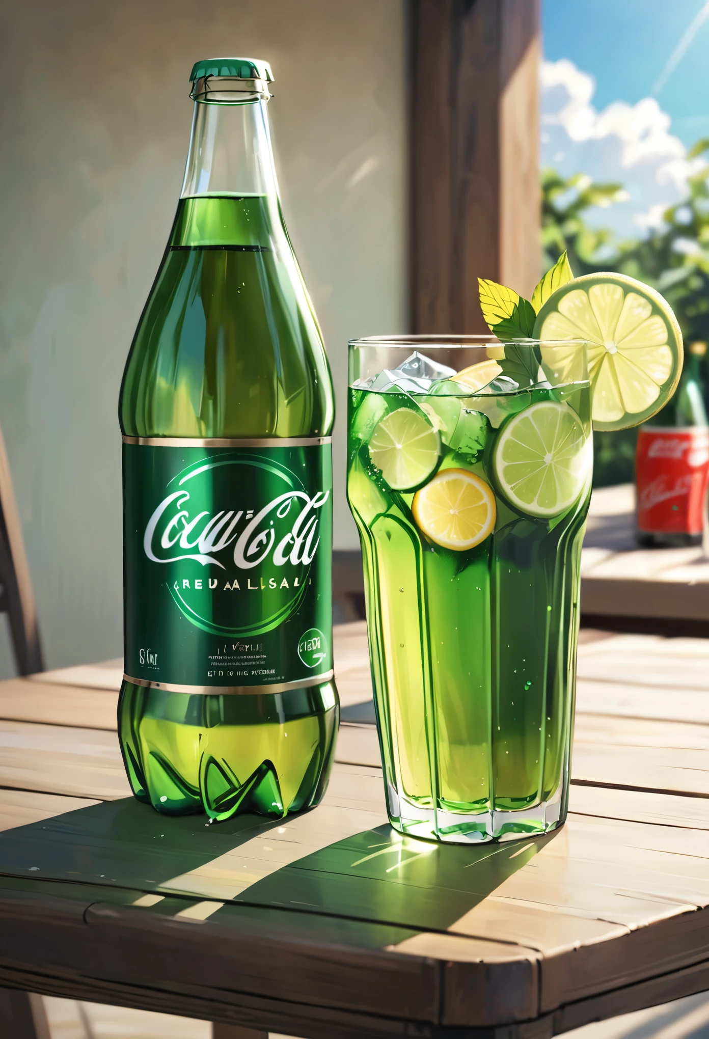 Realistic, a green glass bottle of soda, on the table, summer noon,