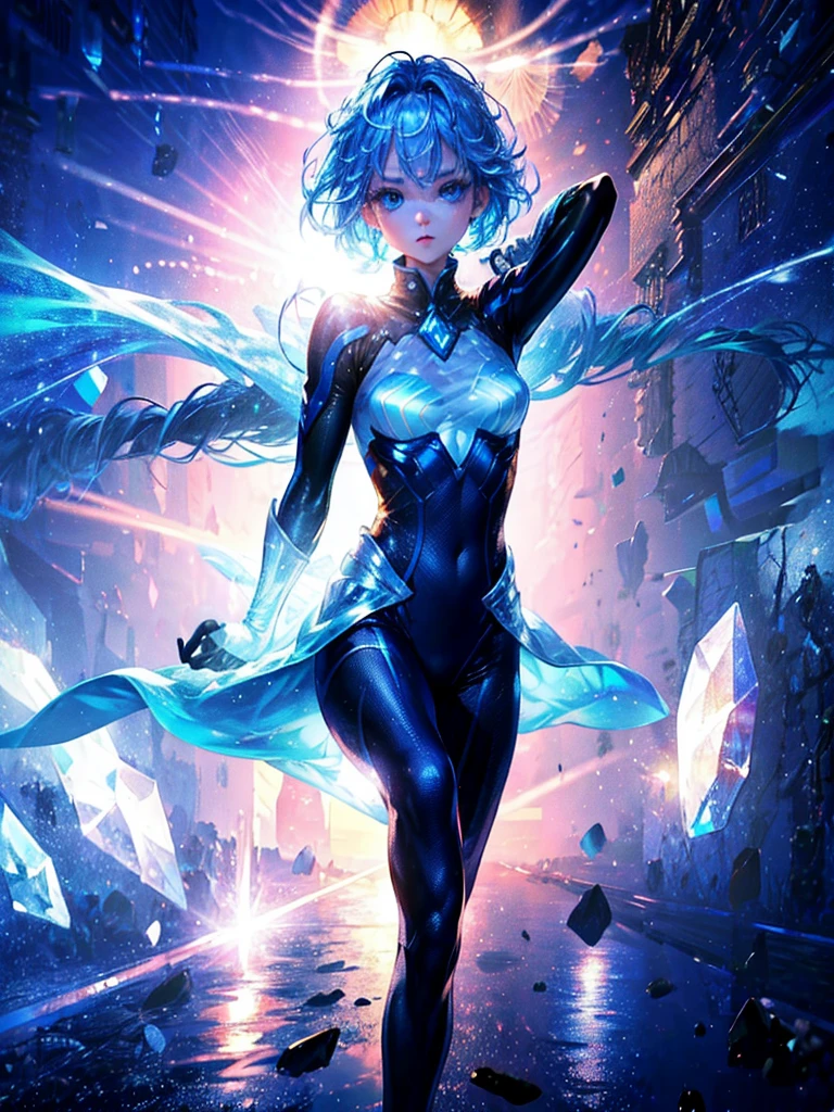 One beautiful woman、Jump off a building、Highest quality、super masterpiece、Super detailed、Transparent light blue hair、Crystal-like hair、Blue eyes that shine like jewels、Flying Hair、Light of the sun、Acrobatic、Combat Uniform