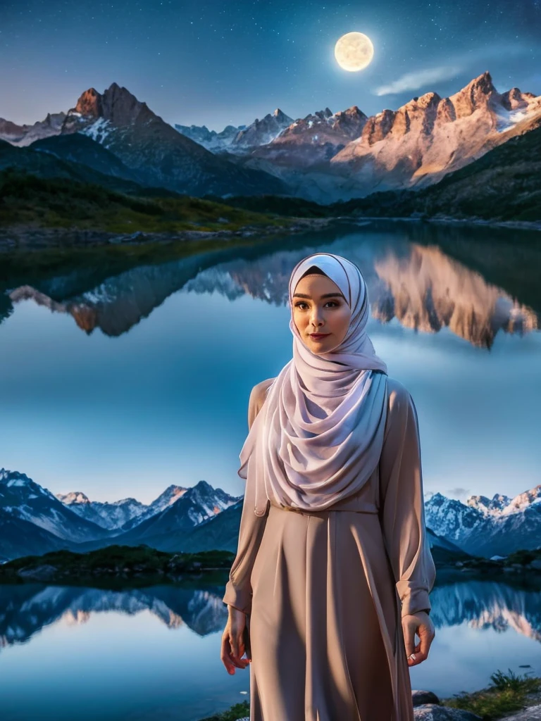 A very starry night. Big moon behind the mountains. The calm lake reflects the night.close up, a beautiful Korean woman in hijab, white long shirt, graceful standing pose, sad expression, abdurrahnman saleh, realistic scene, detail, Photorealism, 16k