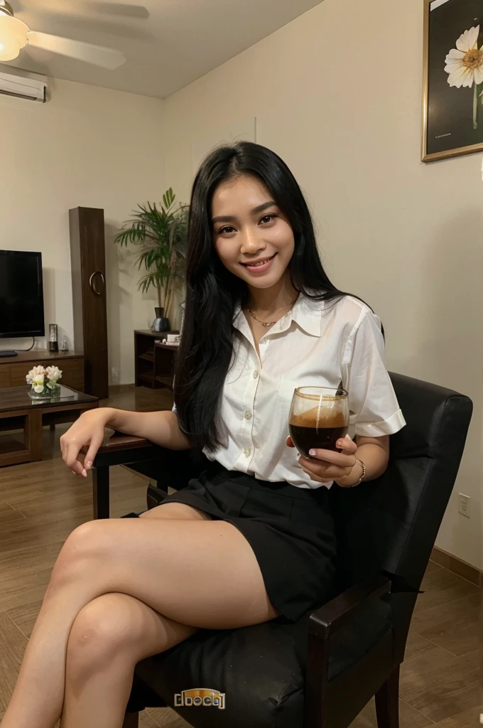 Beautiful Indonesian woman, 25 years old, long straight black hair, sweet smiling face, sitting in a chair in the living room, holding a glass filled with coffee