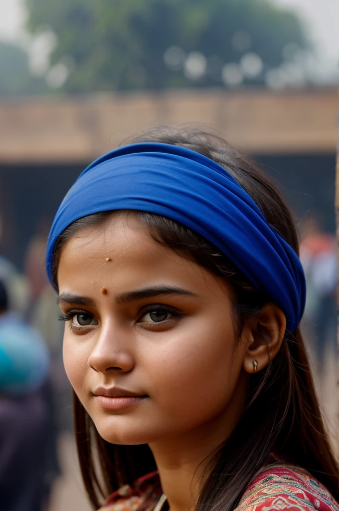 Russian girl having 4k realistic image zoom slightly in background of Delhi India