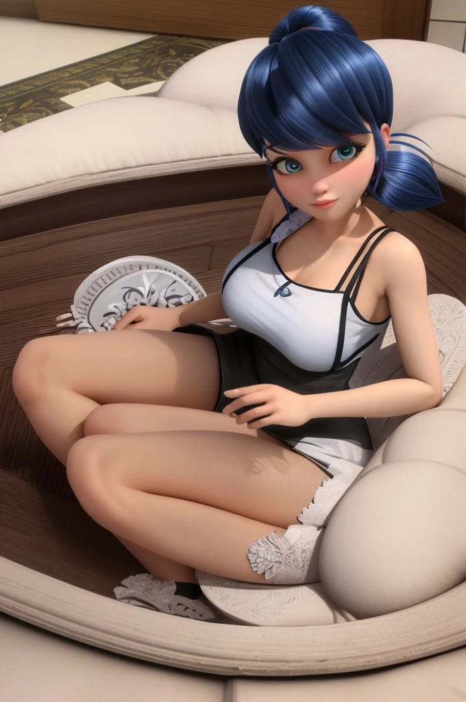 (8k, RAW photo, best quality, masterpiece:1.2), (intricate details), perfect eyes, perfect face, perfect lighting, beautiful, (masterpiece:1.2), (best quality:1.2), 1girl, Marinette, blue hair, ((hair in ponytails)), adult torso, 19 years old, slight smile, huge sized breasts, cowboy shot, 3DMM, laying down, side view,