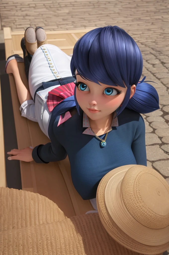 (8k, RAW photo, best quality, masterpiece:1.2), (intricate details), perfect eyes, perfect face, perfect lighting, beautiful, (masterpiece:1.2), (best quality:1.2), 1girl, Marinette, blue hair, ((hair in ponytails)), adult torso, 19 years old, slight smile, huge sized breasts, cowboy shot, 3DMM, laying down, side view, 