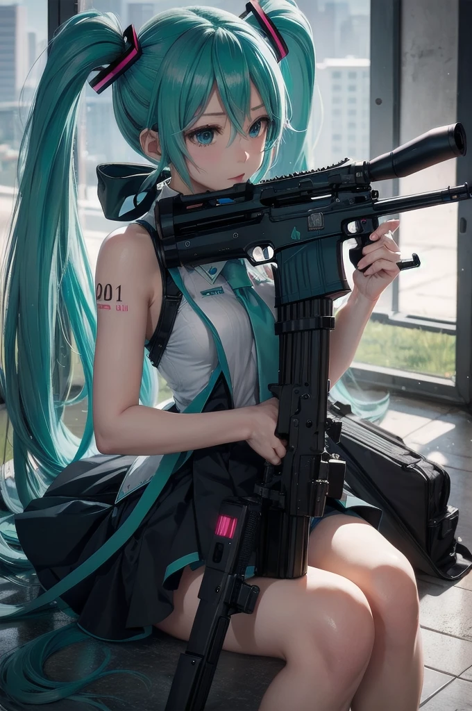 hatsune miku, shooting rifle