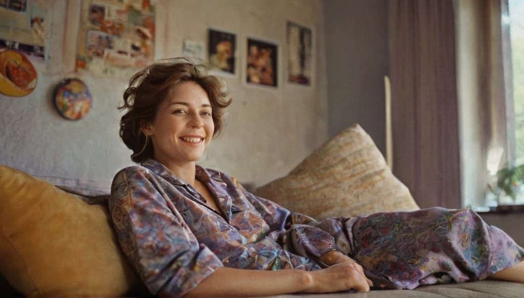 An analog photo of a woman with translucent Hgrande colors, hippies attire, leisurely lounging on a sofa adorned with plush pillows, 1960s kitchen with retro style at the background, 1963 50mm vintage beautiful photo, morning light, Kodak Camera, soft focus, hq, warm light, muted colors, cozy, atmospheric, sinister, High fidelity. 8k, hq, render, Hyperrealism, cinestill distance light i no people happy mood, johansson, looking at the experience, Moodyon Film grain, lens flare, Leica M9, f/1.2, 1/30, ISO 200, 1/250s, f/8, symmetrical balance, in-frame, elegant, highly detailed, subtle smiling, sharp focus, art adamss of colours