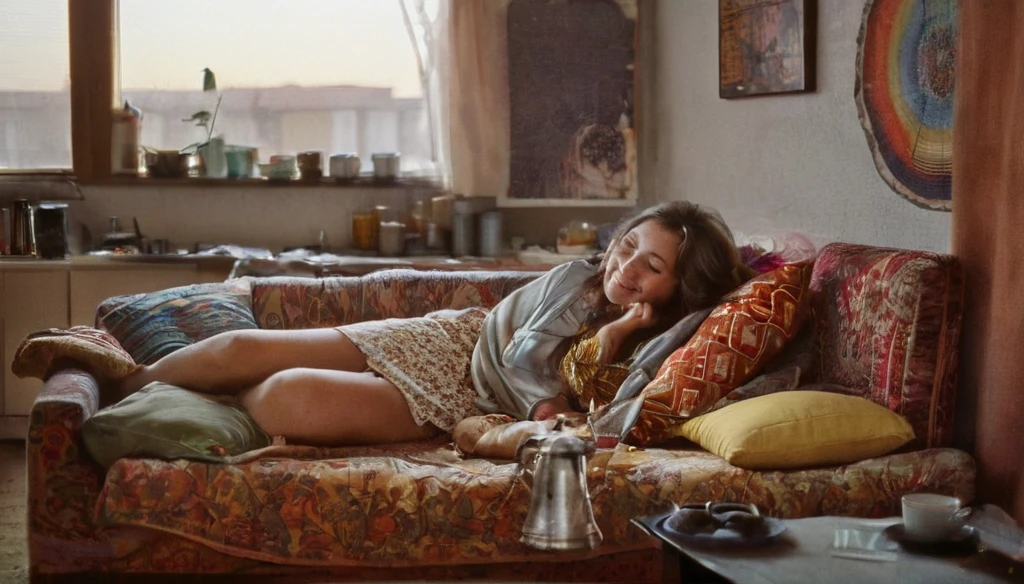 An analog photo of a woman with translucent Hgrande colors, hippies attire, leisurely lounging on a sofa adorned with plush pillows, 1960s kitchen with retro style at the background, 1963 50mm vintage beautiful photo, morning light, Kodak Camera, soft focus, hq, warm light, muted colors, cozy, atmospheric, sinister, High fidelity. 8k, hq, render, Hyperrealism, cinestill distance light i no people happy mood, johansson, looking at the experience, Moodyon Film grain, lens flare, Leica M9, f/1.2, 1/30, ISO 200, 1/250s, f/8, symmetrical balance, in-frame, elegant, highly detailed, subtle smiling, sharp focus, art adamss of colours