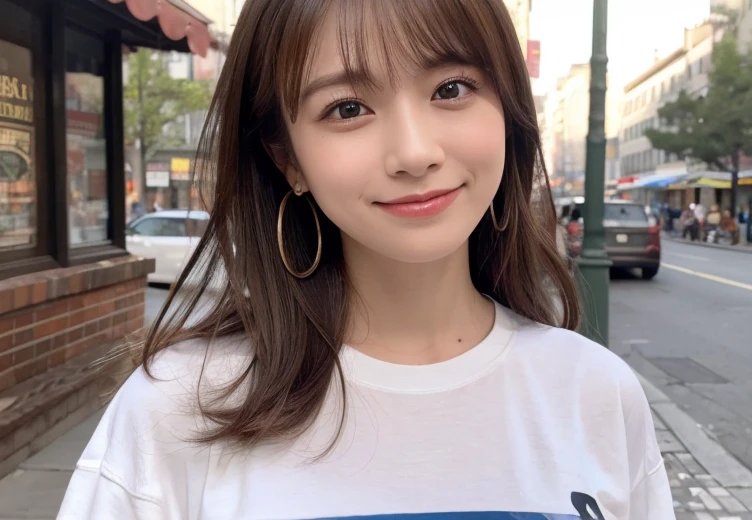 (Highest quality,masterpiece:1.3,Ultra-high resolution),(Very detailed,Caustics,8K),(Realistic:1.4,RAW shooting),26 years old,,(I'm looking at the camera with a smile on my face)Brown Hair,Medium Hair、T-Shirts,Knee-length skirt,street,,Soft sunlight,Natural light、Street Snap、Solo Snap、Natural color lip、Thin eyebrows、Dimples、