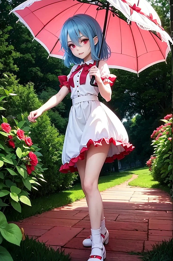 Remilia Scarlet (Touhou). In garden green, Walking wing white vintage umbrella. look at viewer. Cute face. blue hair. red eyes, long eyelashes. vintage white dress. 
fine Detail, masterpiece, top quality, official art, extremely detailed CG unity 8k wallpaper, cinematic lighting, (perfect shiny skin:0.6), slim and smooth lines, (floating), 