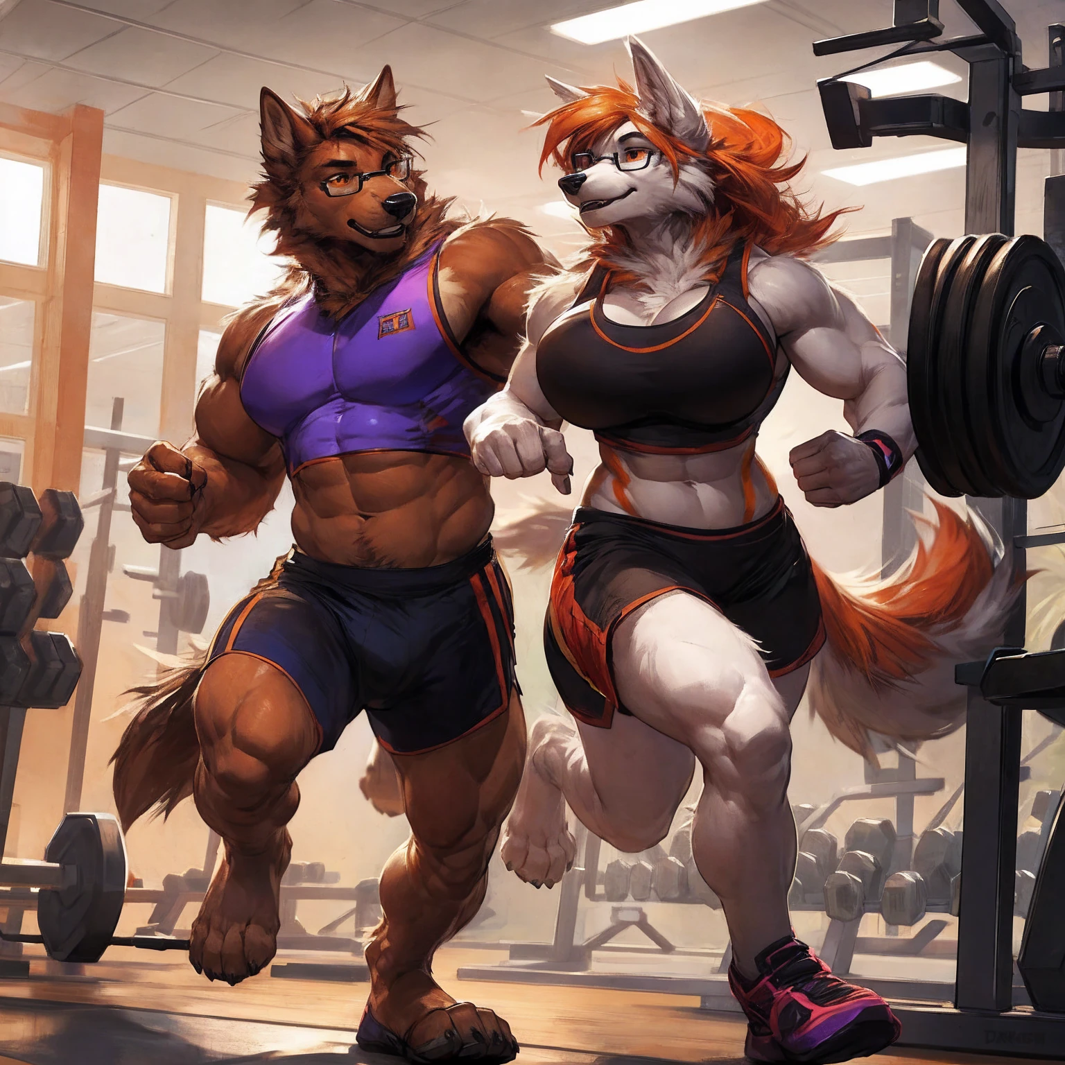 Duo ,female, male, big breasts, canine, white fur, orange eyes, orange hair, glasses, brown arms, muscular, at the gym, running, workout clothes, by darkgem