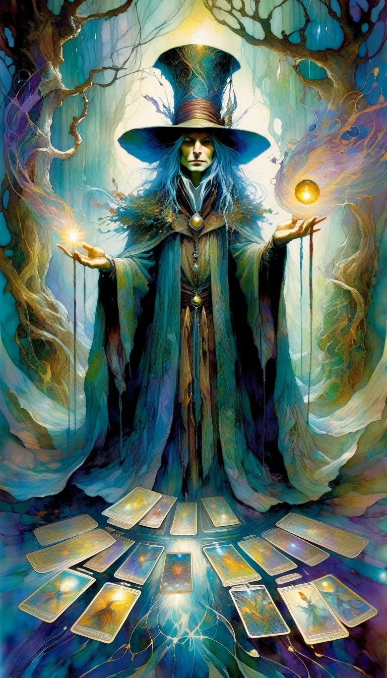 tarot card, the magician, ((text on card: "EL MAGO"))artwork by Brian Froud and Carne Griffiths and Wadim Kashin, intricate details, oil
