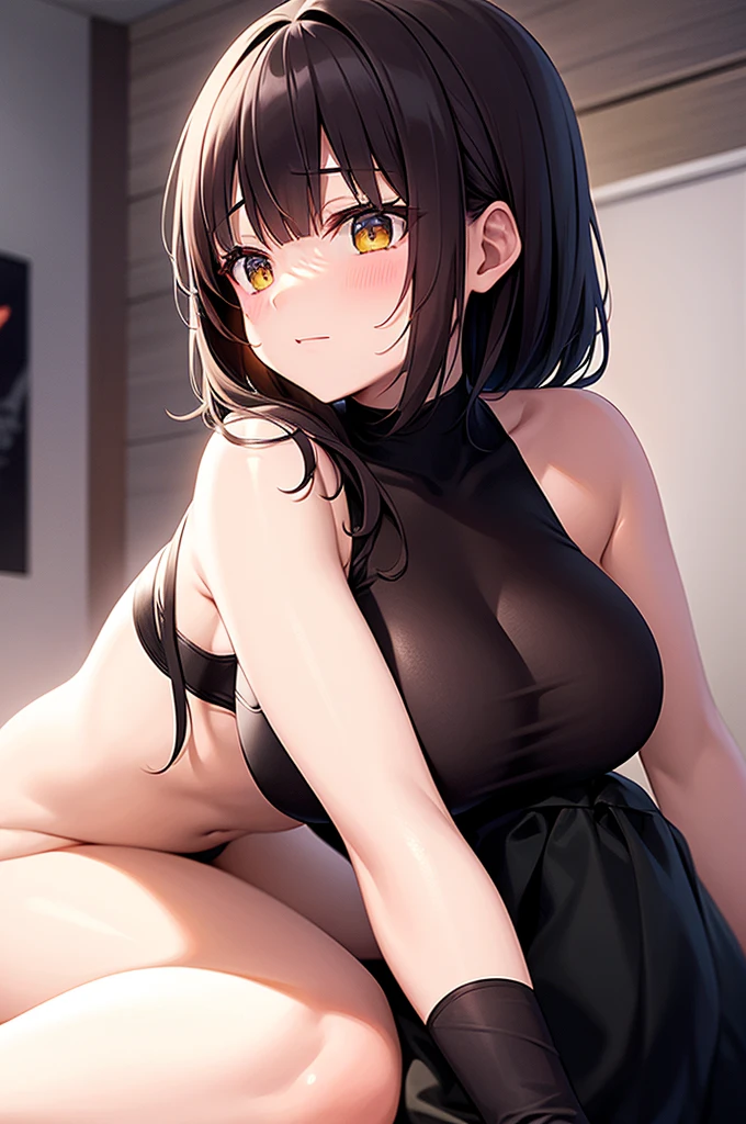 nsfw,,((1man and 1woman,having sex)),girl on top,straddling,on,bed,,Highest quality、Very delicate and beautiful、I、((Very short bangs))、((Bangs))、Brown Hair、Short Bob、Cute face、Cute like an idol、Yellow Eyes、Are thin、Slim figure、Bright room、Daytime、Sweat、Nice thighs、