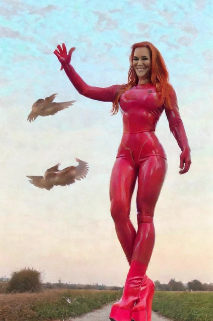 evedef, green eyes, orange hair, flowing cape, pink bodysuit, gloves, shorts, boots, looking at viewer, smiling, flying, in the air, blue sky, clouds, extreme detail, masterpiece,
