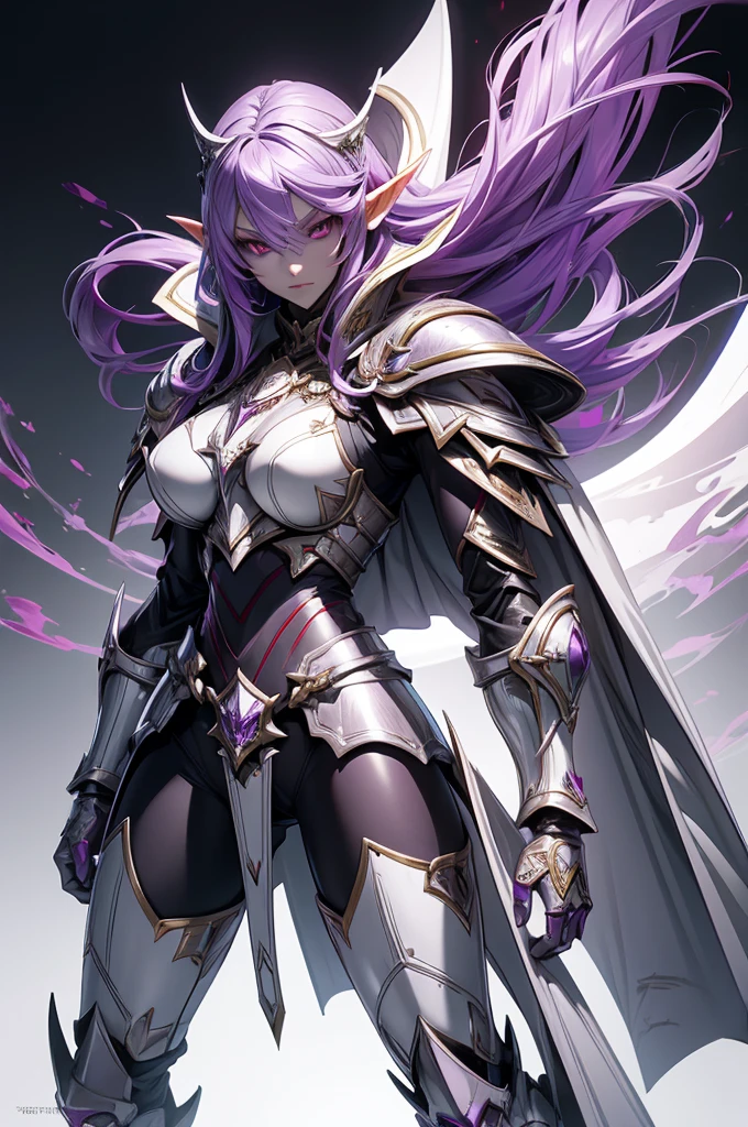 female elf knight, full body art, purple hair, white skin, red iris eye, knight full plate adorned armor, silver cape, perfectly detailed