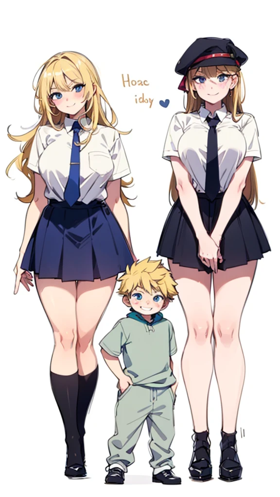 two sexy women standing by boy with blonde hair, flirtatious smiles, all women look at boy
