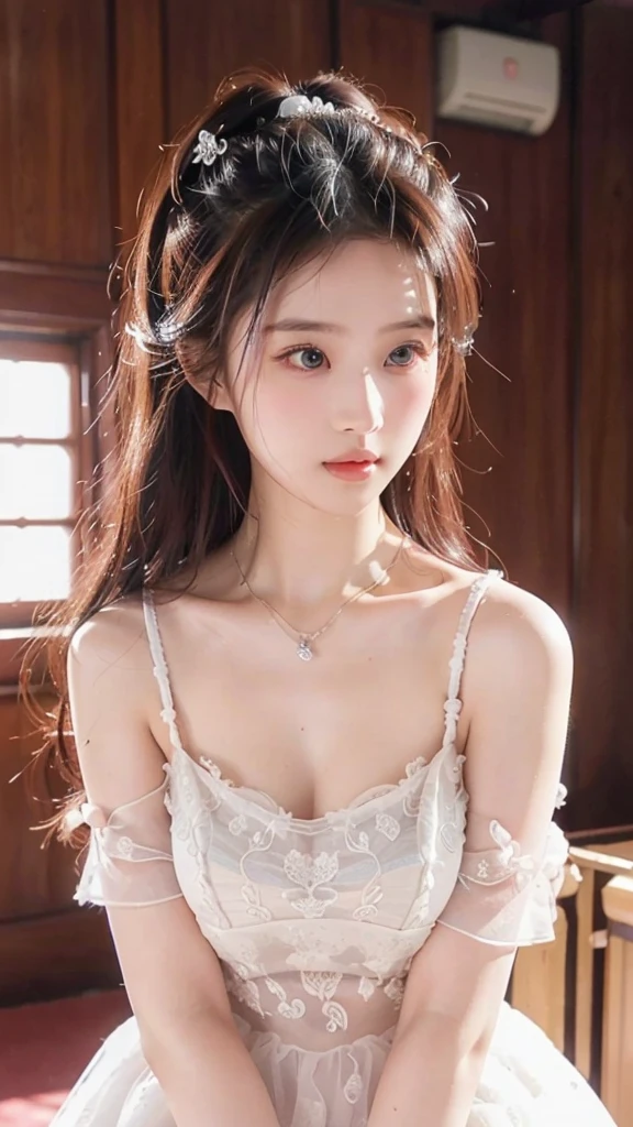 best quality， Ultra-high resolution， （Realistically：1.4），Cute hairpin，Baoyu girl，Standing in the wedding hall，（flat chest：1.2） ，A pair of clear and charming peach blossom eyes,Royal sisters，Sunshine on the face，Big wavy hairstyle，（necklace：1.2），（White skin：1.4），Sense of atmosphere，A beautiful girl，Look directly at the audience， Cleavage close-up ，(lifelike:1.4),1 girl,Sexy,(Upper Body:1.4),(wet),(:1.2)