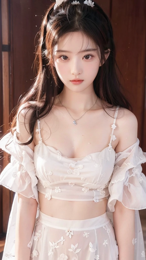 best quality, Ultra-high resolution, (Realistically:1.4),Cute hairpin,Baoyu girl,Standing in the wedding hall,(flat chest:1.2) ,A pair of clear and charming peach blossom eyes,Royal sisters,Sunshine on the face,Big wavy hairstyle,(necklace:1.2),(White skin:1.4),Sense of atmosphere,A beautiful girl,Look directly at the audience, Cleavage close-up ,(lifelike:1.4),1 girl,Sexy,(Upper Body:1.4),(wet),(:1.2)