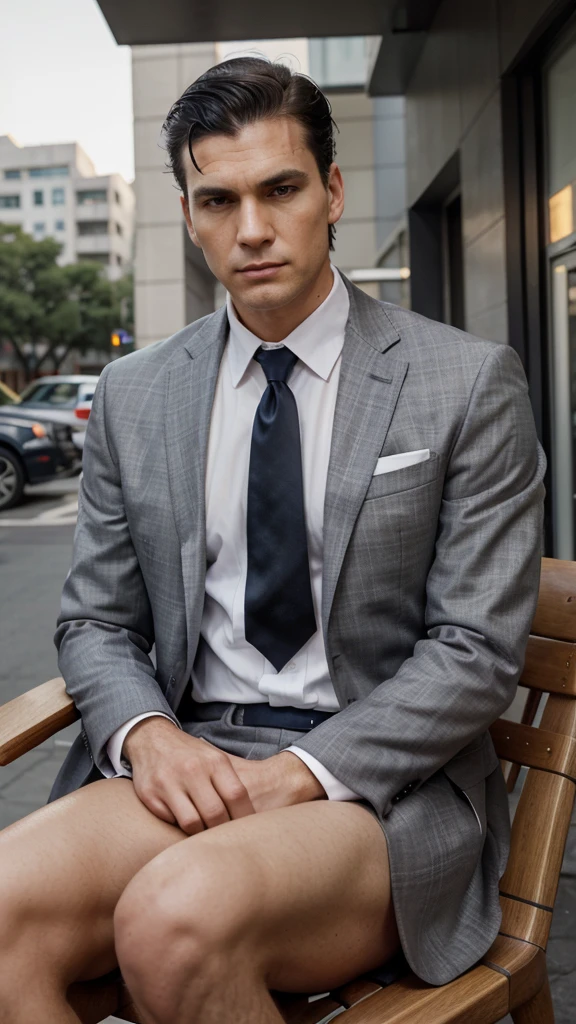 cinematic, low angle shot, man, mature, tall, tnin, black hair, short side part hairstyle, clean shaven, scar on right cheek, light grey checked three-piece suit, white shirt, dark navy necktie, sits on wooden chair outside gold club, sunny