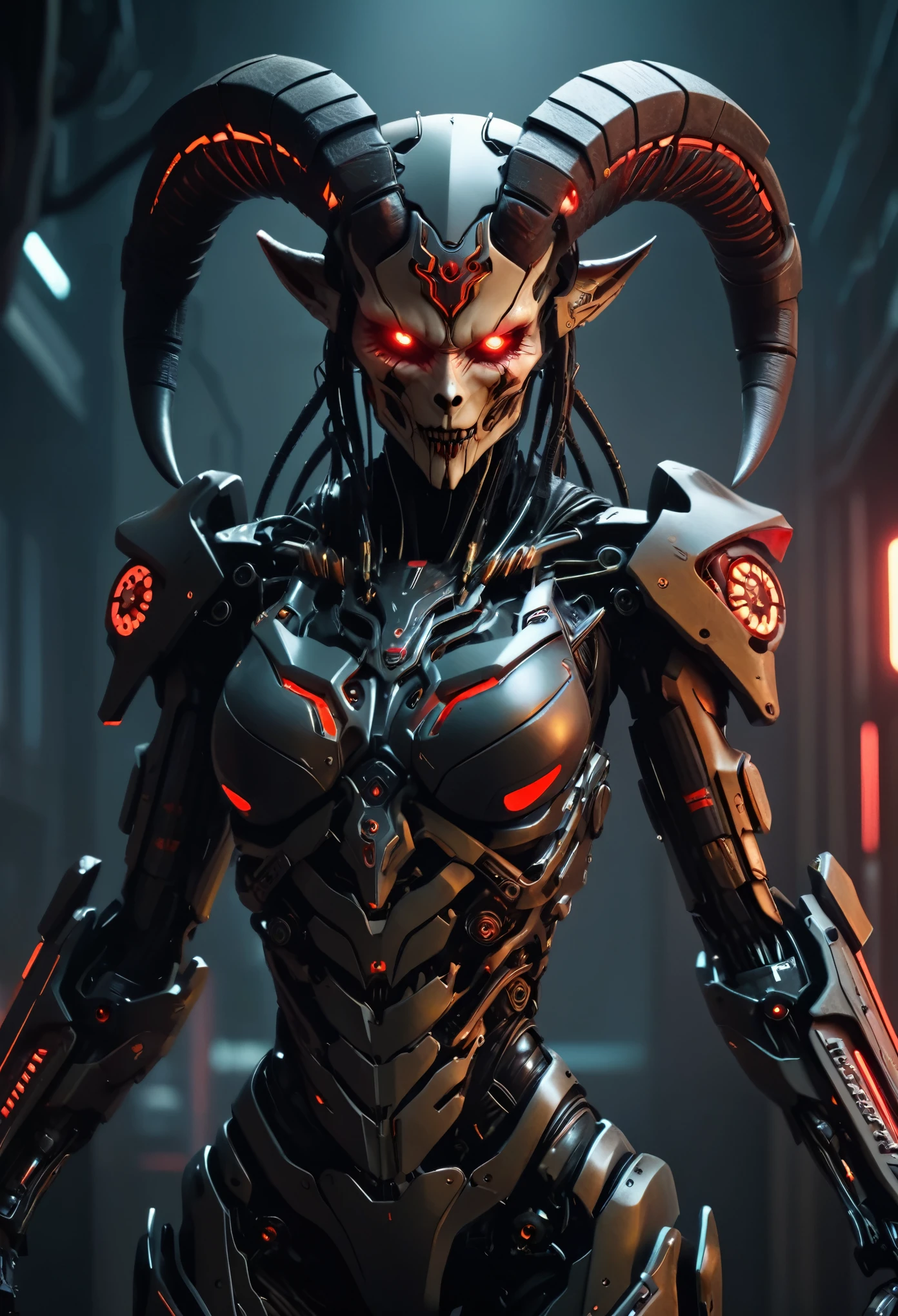 (best quality,4k,8k,highres,masterpiece:1.2),ultra-detailed,(realistic,photorealistic,photo-realistic:1.37), a heavily armed female android modeled after a terrifying demonic appearance, evil android, dark futuristic science fiction, hyper-detailed, cinematic lighting, dramatic chiaroscuro, muted color palette, intricate mechanical details, ominous atmosphere, intimidating presence, mechanical limbs, glowing violet eyes, sharp fangs, sinister expression, advanced weaponry, cyberpunk, dystopian, moody, large goat horns, subtle chrome accents