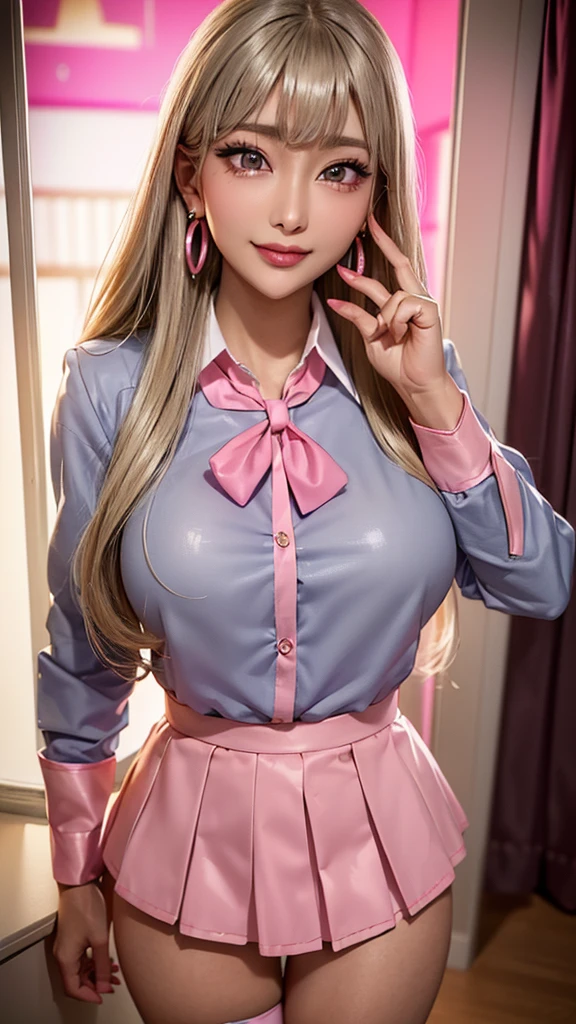 (work of art, high resolution, best qualityer:1.3), 8K, highy detailed, intricate, colorfully, vibrant image, sharp focus, digital blending, 4K, trends on pixiv, INGRID, ((high school uniform)), standing alone, mature woman, 40 year old, milf, curved, (darkskinned female:1.15), darkskin, posando, class room, Boken, Boken on table, sitting on desk, ((legs spread open, Skirt lifter, kitten, Pink pubic hair )), leaning towards the table, (affectionate look:1.2), gazing at viewer, cowboy shot, pink  hair, pretty long hair, brow, hair intake, Purple Lipstick, make up, wart under the mouth, yellow  eyes, perfects eyes, face perfect, ultra detailed hair, Face ultra detailed, aretes, Ultra detailed lips, breasts big, Ultra detailed lipstick, kitten 