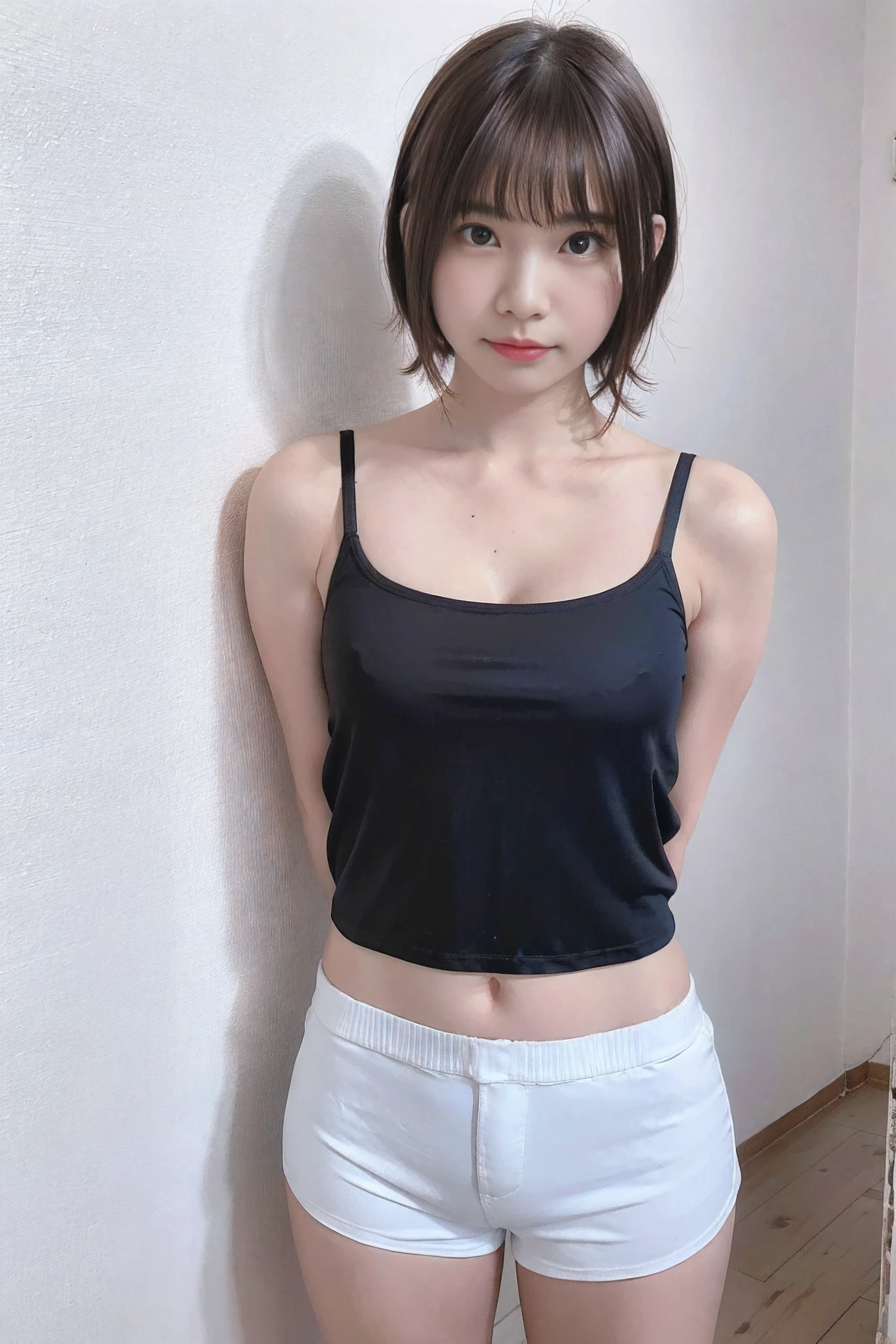 Picture taken from the front, with the left and right sides equally spaced, draw symmetrically, simple background, equally spaced left and right, stand upright, cowboy shot, (arms behind back:1.5), One girl, very short hair, (camisole, shorts)