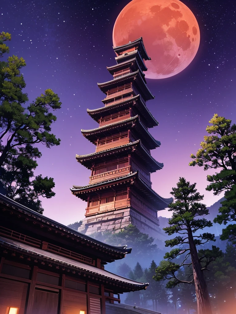 An giant ancient Japanese temple in a land of trees with no leaves and a purple night sky with a red moon in the background 