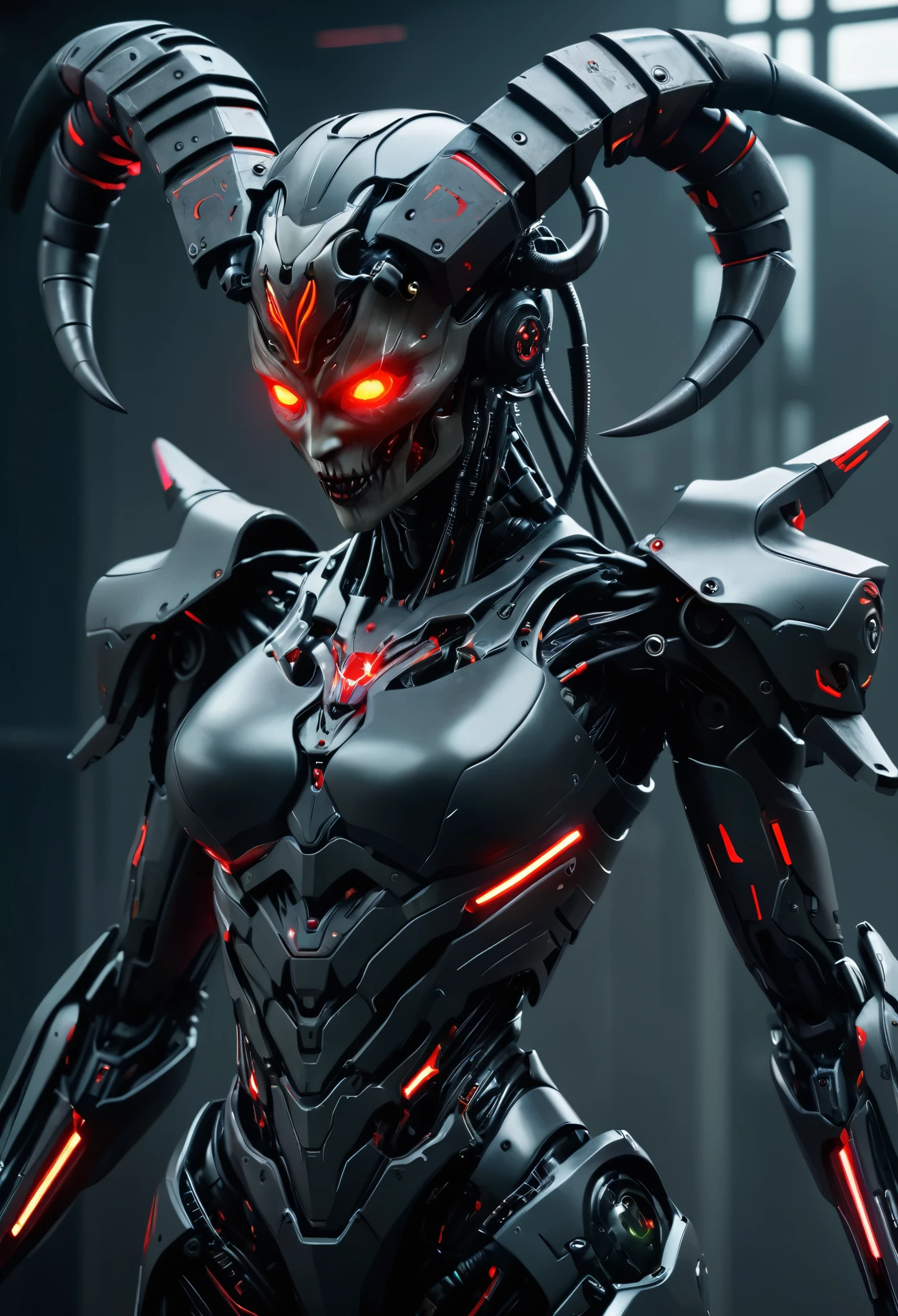 (best quality,4k,8k,highres,masterpiece:1.2),ultra-detailed,(realistic,photorealistic,photo-realistic:1.37), a heavily armed female android modeled after a terrifying demonic appearance, evil android, dark futuristic science fiction, hyper-detailed, cinematic lighting, dramatic chiaroscuro, muted color palette, intricate mechanical details, ominous atmosphere, intimidating presence, mechanical limbs, glowing red eyes, sharp fangs, sinister expression, advanced weaponry, cyberpunk, dystopian, moody, large goat horns