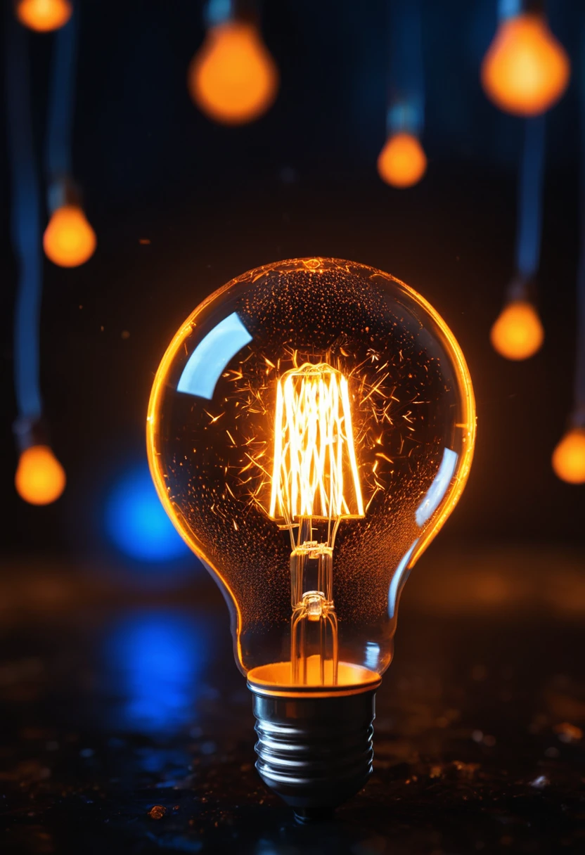 (best quality, 4K, 8K, high-resolution, masterpiece), ultra-detailed, realistic, photorealistic, glowing light bulb, inside fire, abstract background, bokeh effect, orange and blue color scheme, magical atmosphere, dynamic lighting, high contrast, detailed glass texture, sparks and particles, ethereal ambiance, high detail, high resolution, glowing filament, burning inside, mesmerizing visuals, cinematic composition.