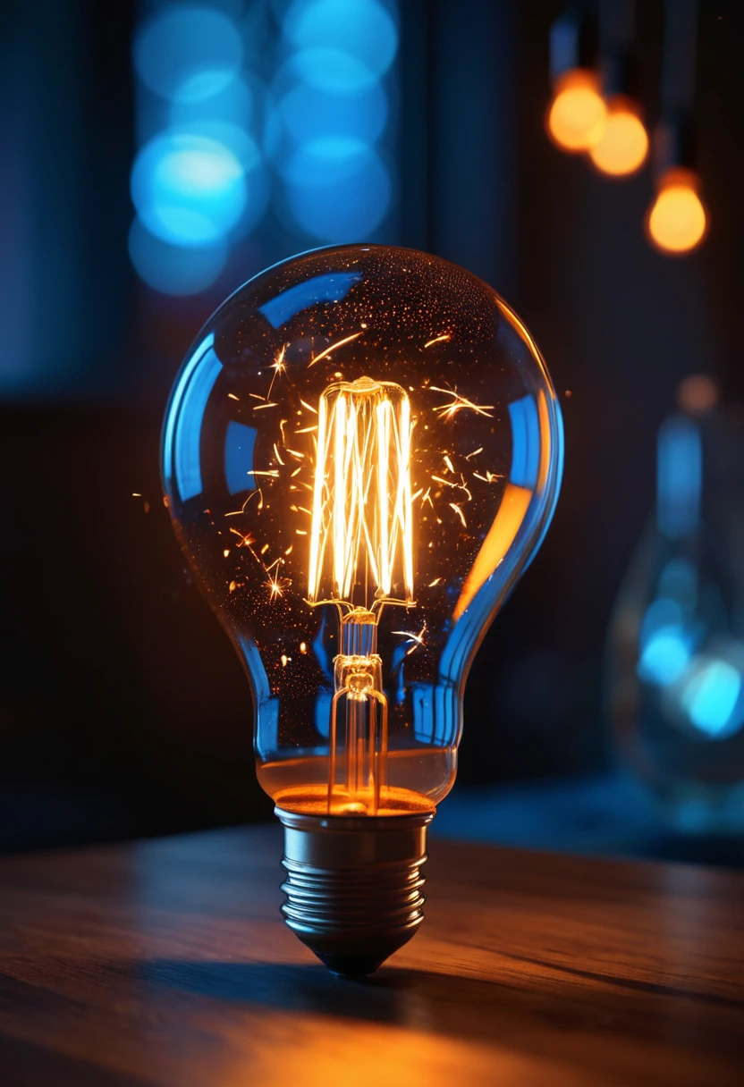 (best quality, 4K, 8K, high-resolution, masterpiece), ultra-detailed, realistic, photorealistic, glowing light bulb, inside fire, abstract background, bokeh effect, orange and blue color scheme, magical atmosphere, dynamic lighting, high contrast, detailed glass texture, sparks and particles, ethereal ambiance, high detail, high resolution, glowing filament, burning inside, mesmerizing visuals, cinematic composition.