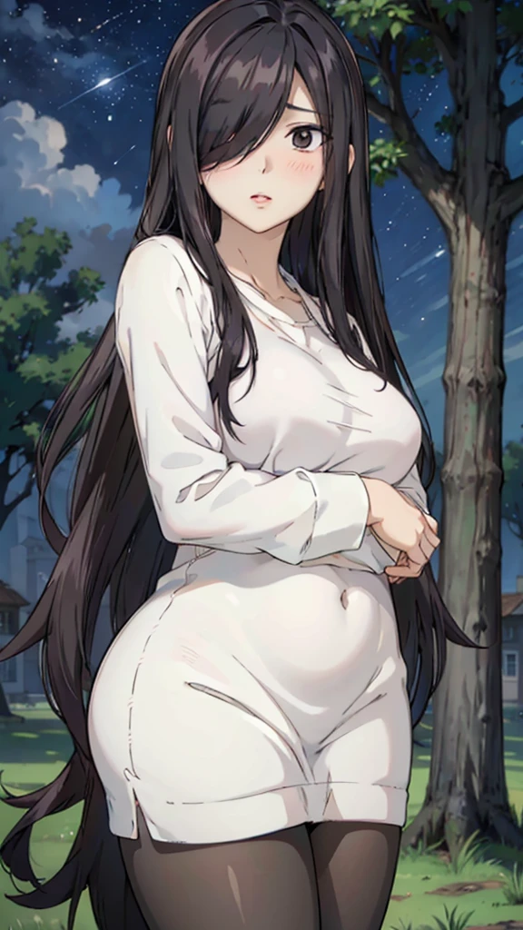 Cute mommy, mature women, realistic skin,perfect ,black hair, long hair, (hair over one eye:1.4), messy hair, hair between eyes, cosplay, chubby,plump,fat,pucker lips,cute shy blush on, under tree,night