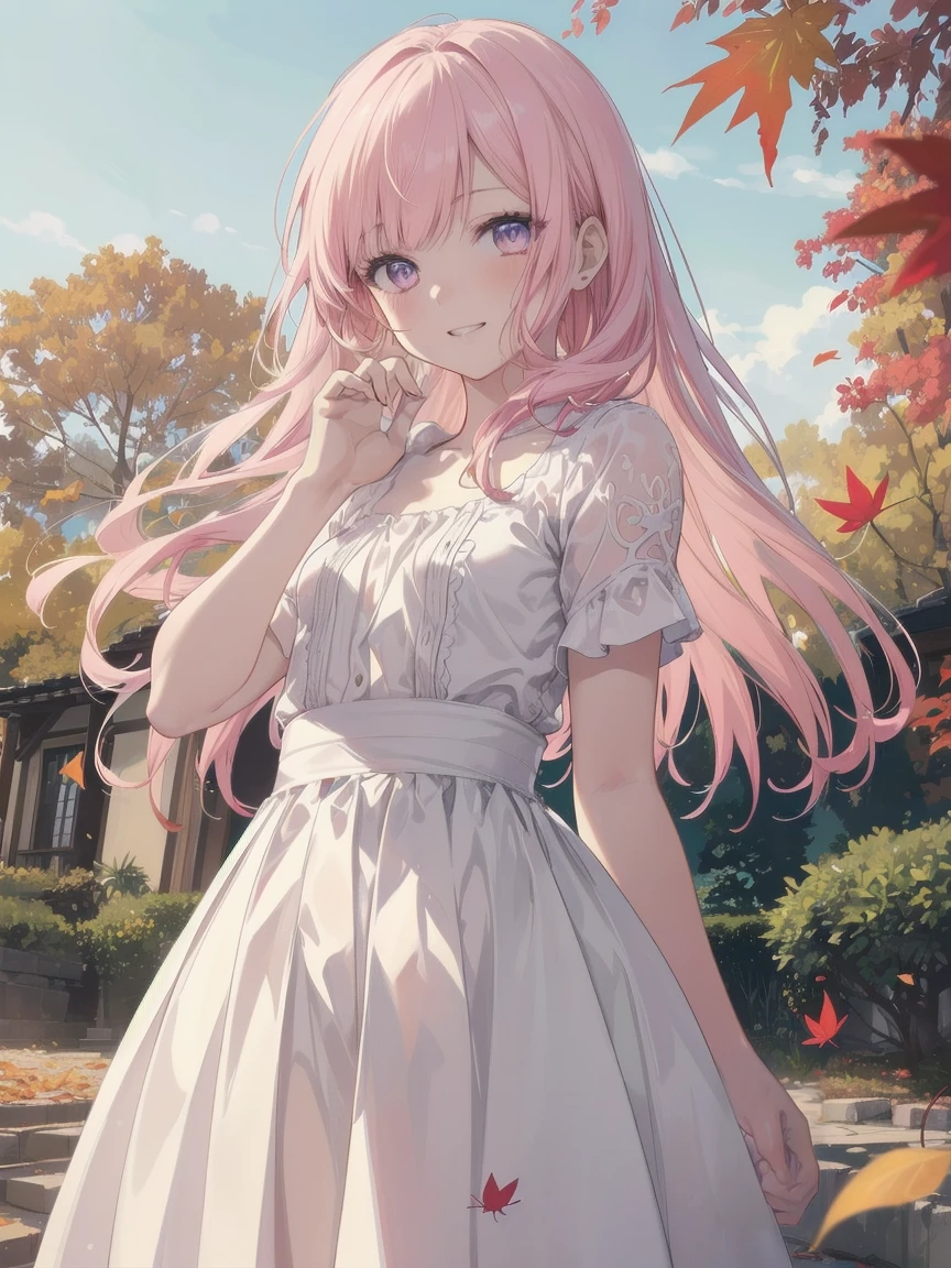 (masterpiece, best quality), ultra high resolution, (best quality photorealistic illustration), (ultra detailed), (cute illustration: 1.3), (high saturation: 1.2), detailed beautiful face and eyes, highly detailed background, dynamic lighting, (very delicate and beautiful), nice hands, perfect hands, (proper posture), (proper composition), ideal body proportions, ((single girl)),
solo, (reaching out), (front view: 1.2), dynamic angle, autumn park,
date, (manga style), (line art_animation), (cowboy shot, best quality), (photo of laura bud: 1.2), (add details of laura: 1.0), 8k, flat color: 0.8,
single girl, grinning, (white blouse, white Loose long skirt, falling leaves background, 1.5), pink hair, long hair, beautifully detailed pink eyes, tall stature, skinny body,looking back, delighted