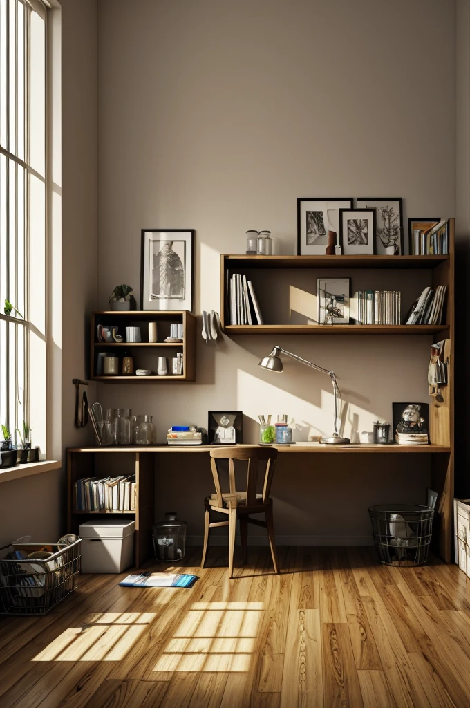 Make a picture of a dark, messy room with papers and magazines on the floor and a desk with lab jars and buckets., There is smoke produced by a poison and only a little light can be seen entering. . Everything very simple with few pieces, not very realistic , in the style of photoshop strokes