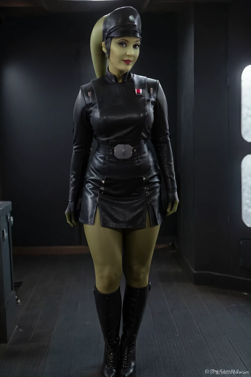 cinematic film still hera syndulla, (green skin:1.2), grin at canal, full body imperail officer wearing a black uniform with a skirt, standing in a dark interior, highly detailed, high budget Hollywood movie