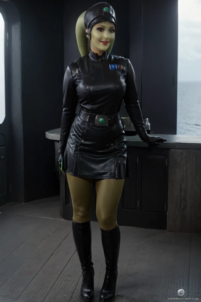 cinematic film still hera syndulla, (green skin:1.2), grin at canal, full body imperail officer wearing a black uniform with a skirt, standing in a dark interior, highly detailed, high budget Hollywood movie
