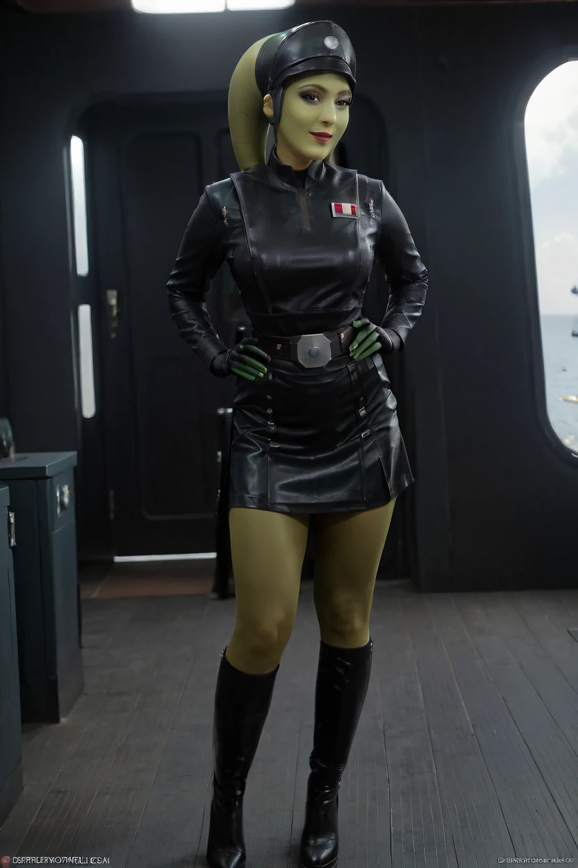 cinematic film still hera syndulla, (green skin:1.2), grin at canal, full body imperail officer wearing a black uniform with a skirt, standing in a dark interior, highly detailed, high budget Hollywood movie
