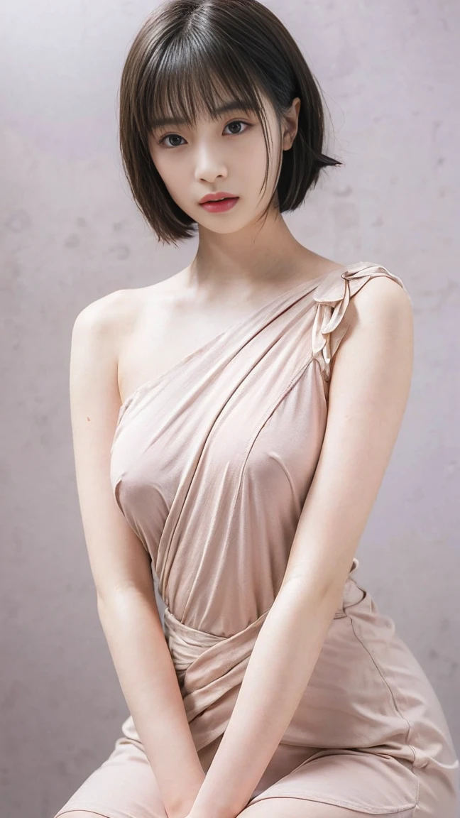 Highest quality,masterpiece,Ultra-high resolution,Original photo,Ultra-high resolution，Beautiful woman, 25 years old、 low length，，whole body，whole body，Gray background， 、Completely naked、、Nipples,To pee、Leaking urine、、blush、Red cheeks、Embarrassed, Completely naked、Big Breasts、Nipples,、Embarrassed、short hair、、Small breasts