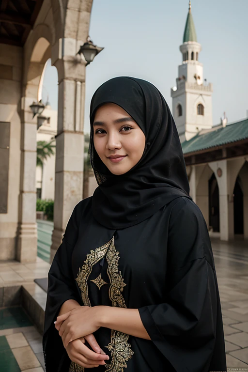 photography seorang wanita cantik indonesia berhijab sopan memakai abaya putih natural smile face sedang berphoto Selfi sama seekor sapi, muka imut latar belakang halaman depan masjid fantastis,bidikan penuh, Bidikan penuh Lensa Canon EF 16-35mm f/2.8L III USM pada kamera Canon EOS 5D Mark IV, Fotografi Profesional, Hiper-Realistis, Canon 1DX Mark III, 35mm, f/8, background halaman masjid, ultra HDR