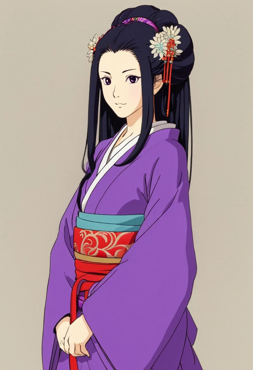 A Ghibli's studio character (2D). She have long black hair . She wears traditional oiran clothes purple and red. She is cold