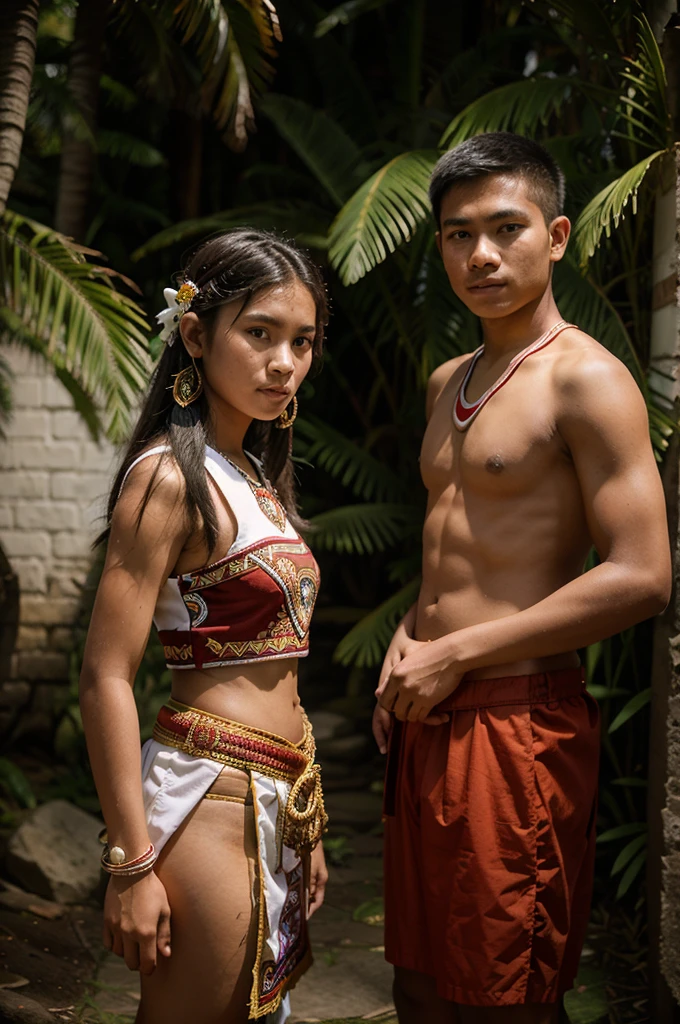 a 17 year old age boy wearing traditional Dayak clothes and an 18 year old teengirl wearing traditional Dayak clothes, pose side by side facing forward, wedding background