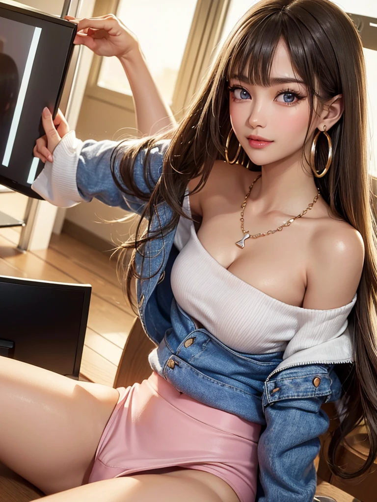 (Tabletop: 1.3), (Maximum resolution: 1.2), (Ultra HD TV: 1.2), Cinematic light, Ultra HD TV, (Fine grain and skin), (Detailed facial features), Hmph, 8K resolution, Sharp focus: 1.2, Perfect Style, Beautiful Face, Perfect body, Acura, Anatomically correct, Highly detailed face and skin texture, Fine grain, Dark blue eyes, double eyelid, Thin eyebrows, Glitter Eyeliner: 1.2, Natural Cheeks, Shiny skin, Fair skin: 1.2, Shiny little necklace and earrings, (Glossy Lips: 1.4), break, First Person View, (She is a very cute high school girl:1.5), (Pink lace panties), (Captivating smile: 1.2), ((Pure and cute girl:1.3)), (Long Wavy Hair), (Light Hair:1.2), , break, ((Very close relationship: 1.2)), Large Breasts, ((View your viewers:1.2)), ((Library 1.2)), ((Bend your knees and open your legs wide:1.2)), (From the side:1.2),Low angle shot,Off-the-shoulder sweater Tight jeans mini skirt Embarrassed look