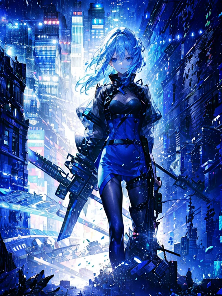 Beautiful women、Long Field Angle、Highest quality、Super detailed、masterpiece、Transparent light blue hair、Crystal-like hair、Blue eyes that shine like jewels、Wet Hair、City building street、in the rain、Combat Uniform、Have a weapon