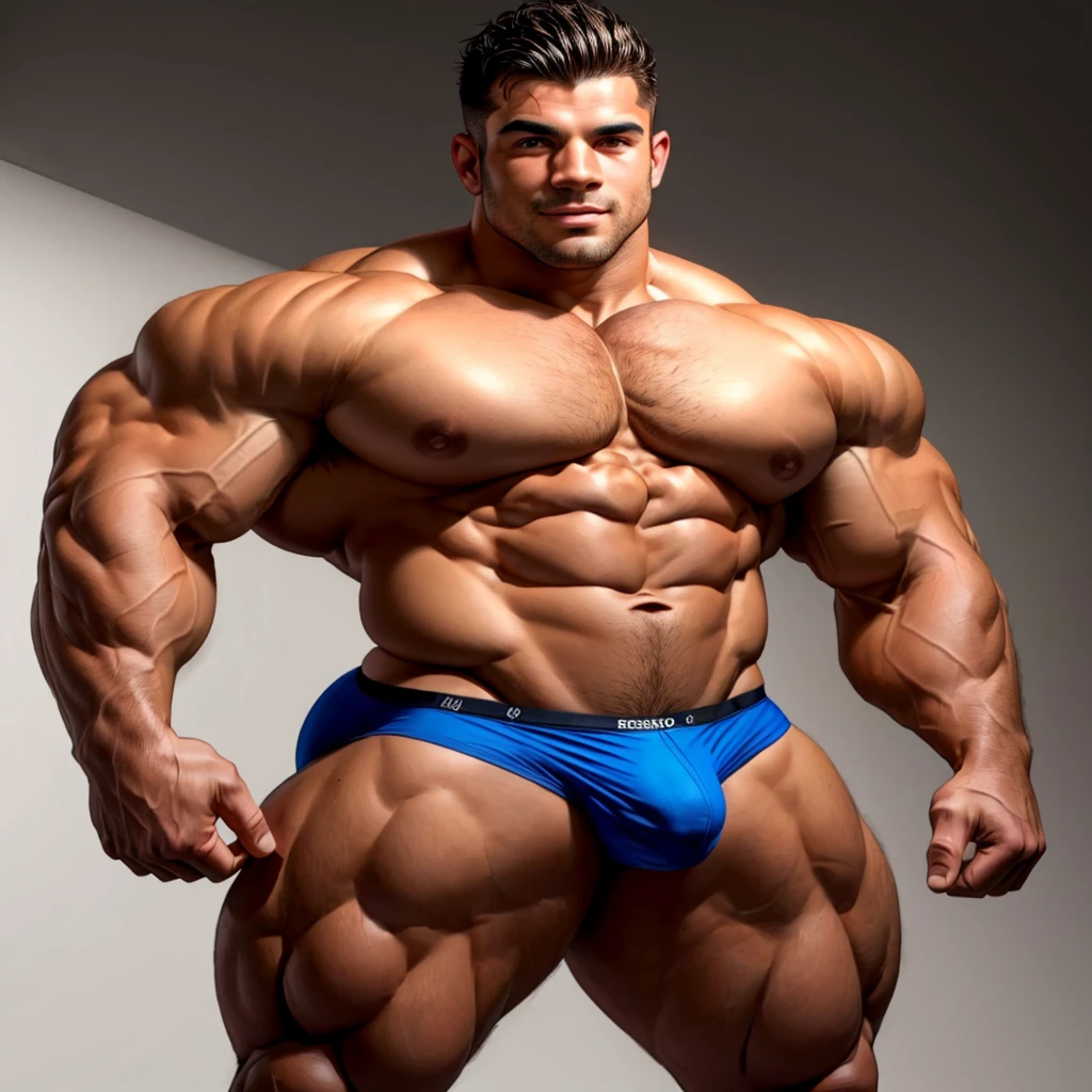arafed man in blue underwear posing for a picture, bodybuilder body, bulging muscles, exaggerated muscle physique, muscular male, bodybuilder, muscular body, muscular men, very muscular male body, bodybuilder physique, muscular man, muscular male body, sexy muscular body, muscular bodies, bodybuilder posing, exaggerated physique, muscular torso, muscular character. (big pecs:1.35)